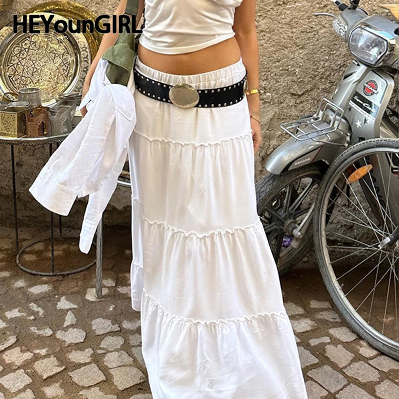 

HEYounGIRL Lady Bohemian Holiday Maxi Skirt White Patchwork Kawaii A-LINE Loose Flowy Long Skirts Korean Streetwear 90s Outfits