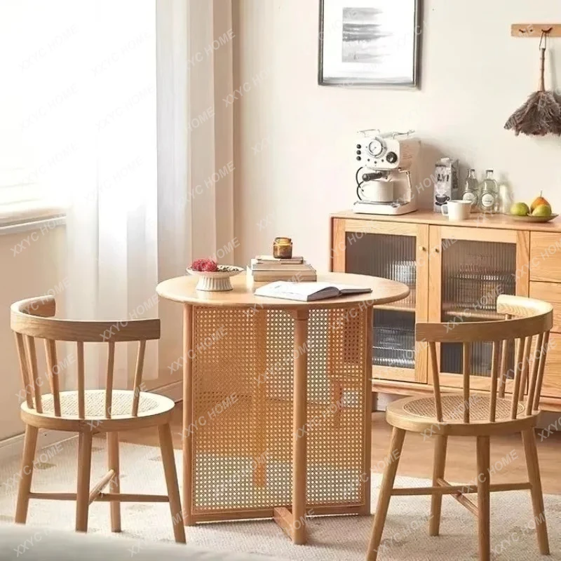 

X Household Small Apartment Round Solid Wood Rattan Dining Table Balcony Coffee Table Negotiation Simple Coffee Shop Table