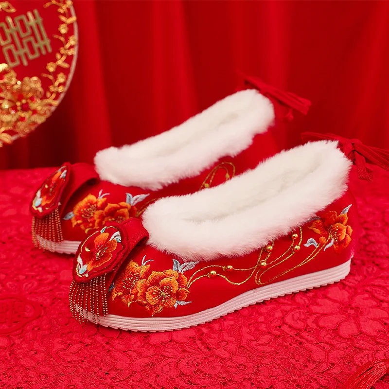 

Свадебные туфли Xiuhe для Ханьфу на высоком каблуке, вышитые, на флисовой подкладке, в старинном стиле, с хлопковой набивкой