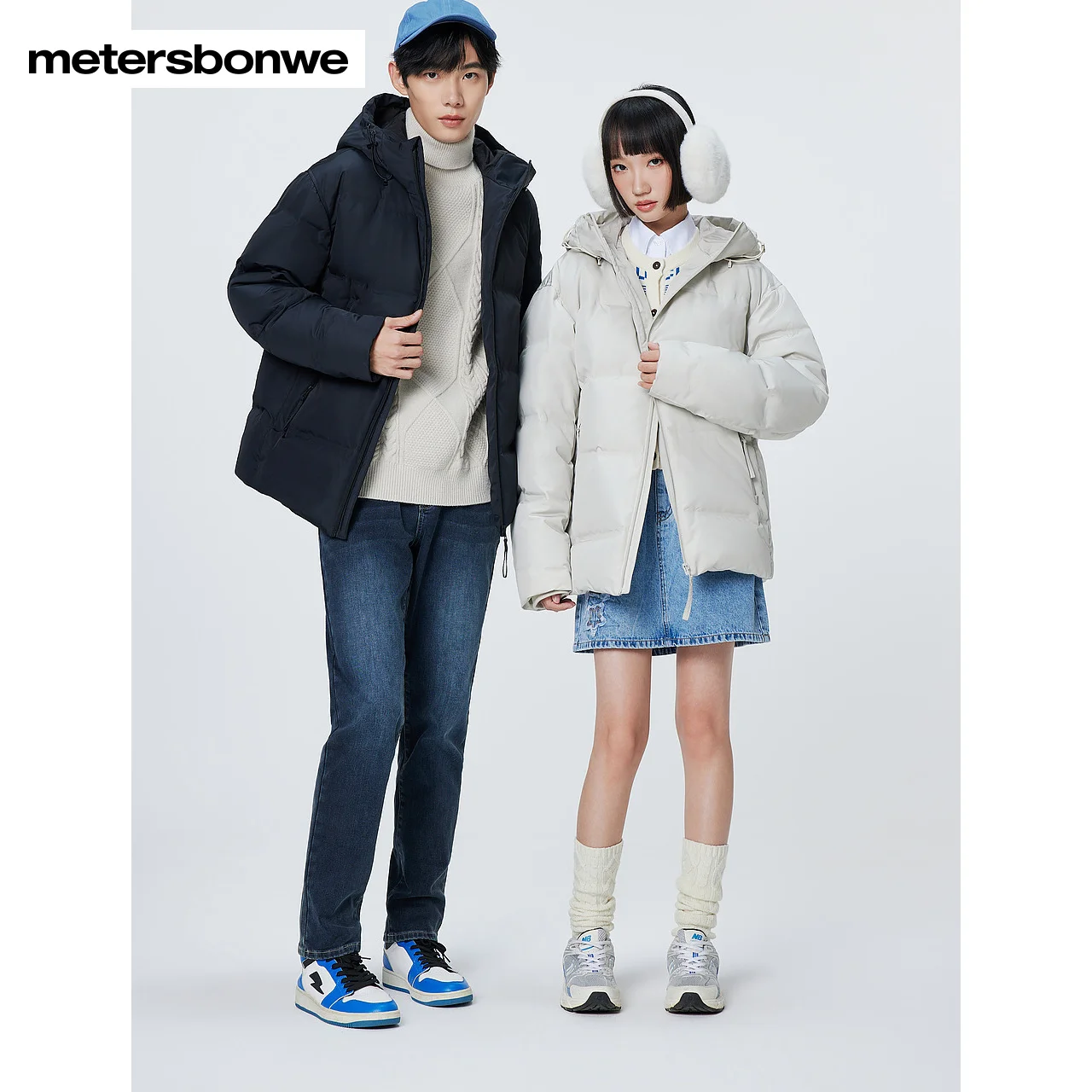 Metersbonwe-Casaco xadrez com capuz curto masculino e feminino, pato grosso para baixo, impermeável, monocromático, inverno, Parker