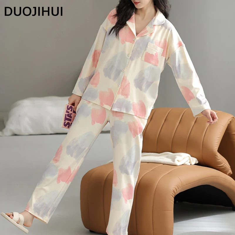 DUOJIHUI Autumn New with Chest Pad Female Pajamas Set Button Cardigan Loose Simple Pant Fashion Contrast Color Pajamas for Women