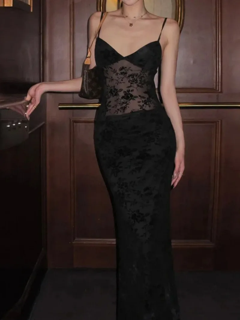 

European and American style 2025 spring/summer new Fashion women mesh sexy perspective V-neck backless slim fit suspender dress