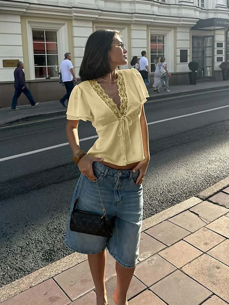 

Ahagaga Lace Patchwork Solid Short Sleeve Tops for Women V Neck Sheath Fashion Tees Female Sexy Club T-shirts Elegant Casual