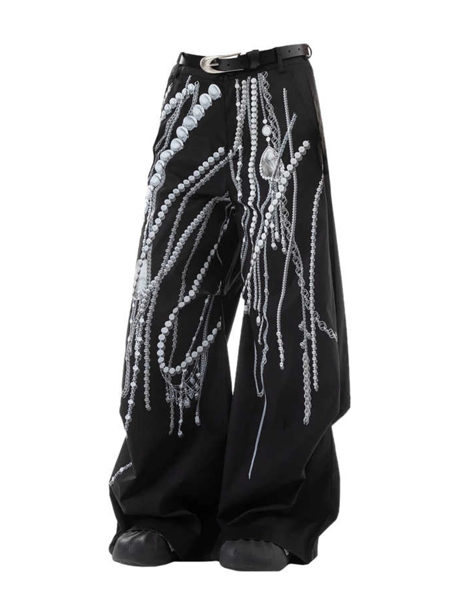 Women Black Goth Pearls Print Y2k Pants Harajuku Vintage Streetwear Baggy Emo Trouser Japanese 2000s Oversize Long Pants Clothes