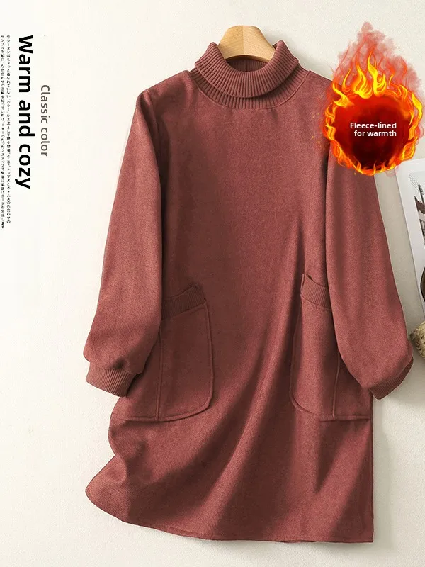 Thiened Fce Sweatshirt Dr feminino outono inverno solto gola alta camada base saia calor casual linha A Dr