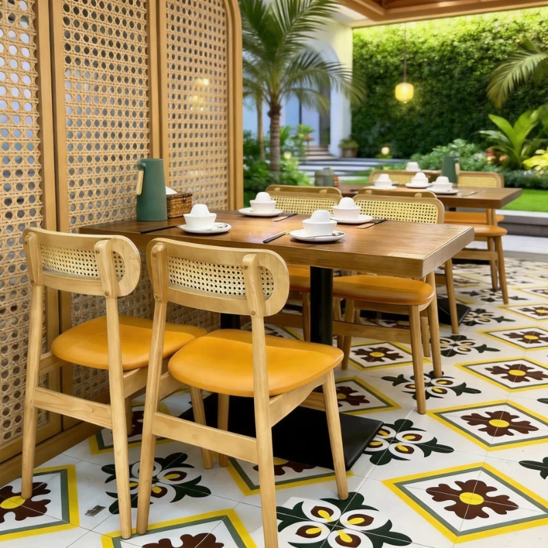 

South East Asia Fusion Restaurant Table and Chair Combination Thai Food Stall Noodle Restaurant Snack BBQ Shop Rattan Solid Wood
