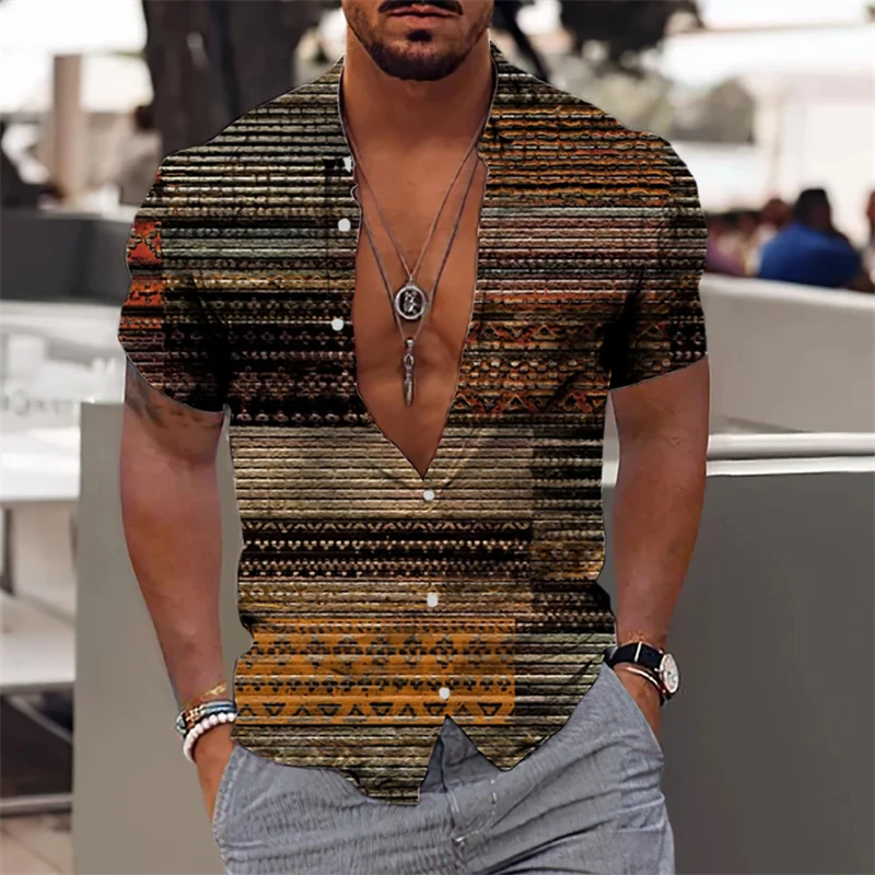 Ethnic Print Shirt For Men Summer Lapel Shirts 2024 Plaid Graphic Short-sleeved Male Tops Oversized Street Hip-Hop Tees Clothing