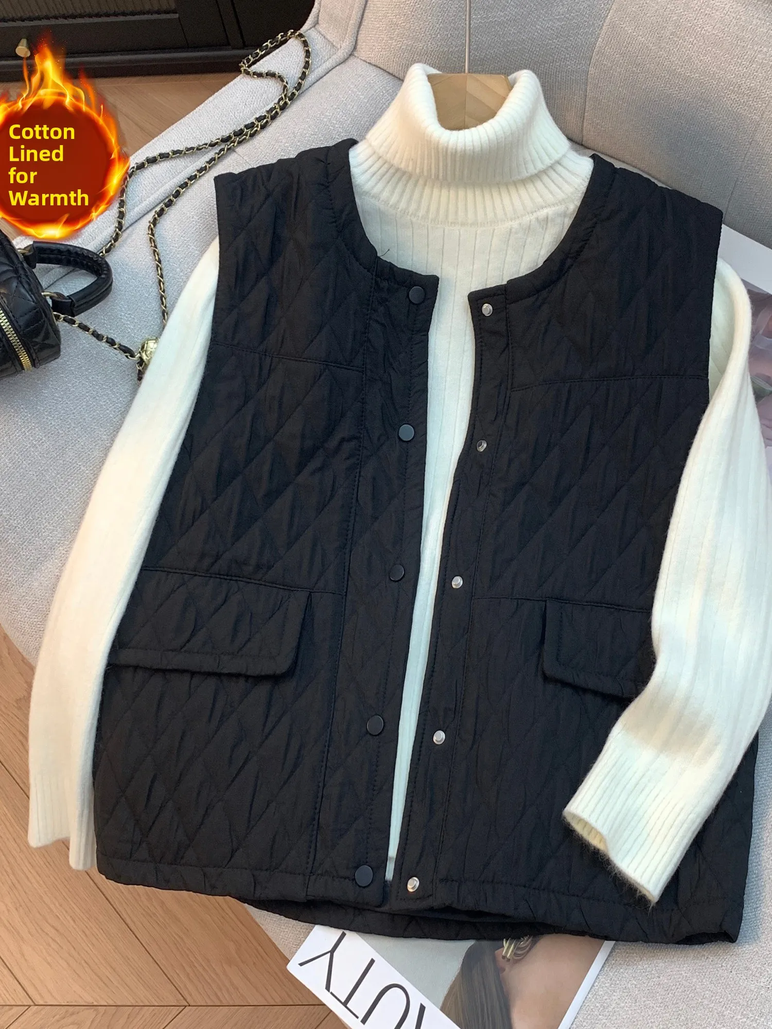 Women's Vintage Diamond Pattern Thin Cotton Vest Outerwear Winter Layering Sleeveless Cardigan Shoulder Top Warm Casual Style