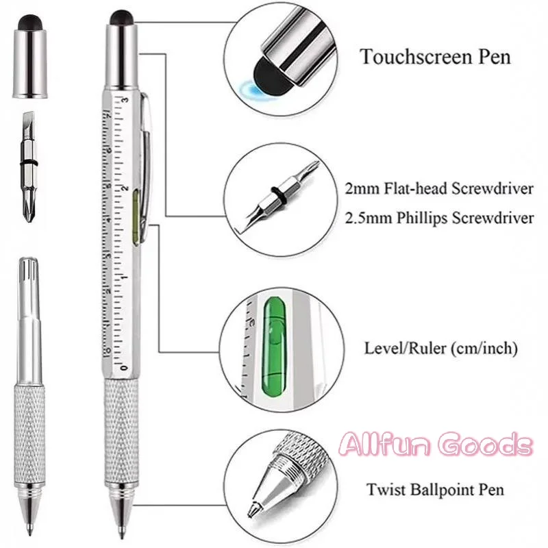 [TG835]6 In 1 Multifunctional Metal Ballpoint Pen With Stylus Ruler Level Screwdriver Bits For DIY Office Daily Carry