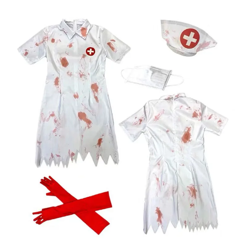 Zombie Nurse Costume Scary Nurse Dress with Red Gloves White Nurse Hat Gothic Doctor Cosplay Zombie Suit