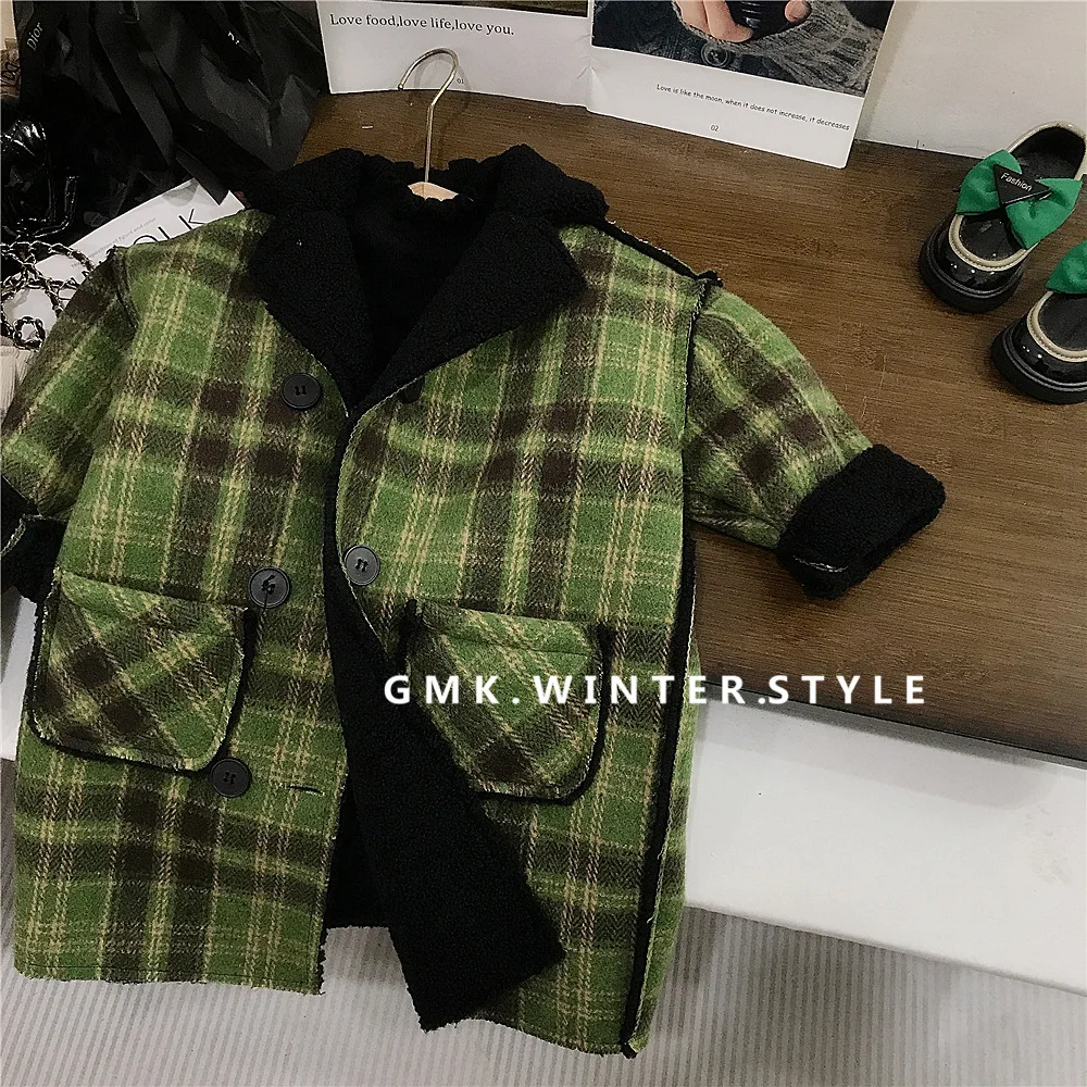 Autumn Winter Children Girl Overcoat Cotton Plus Velvet Thicken Plaid Toddler Girl Woolen Coat Turn Down Collar Kid Girl Jacket