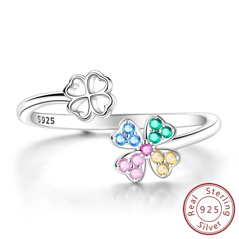 Fantastic 100% 925 Sterling Silver Colorful Lucky Four-leaf Clover Open Ring For Girl Daily Jewelry Ring