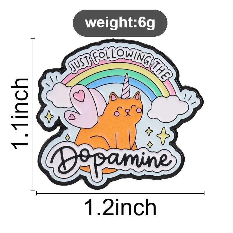 Just Following The Dopamine Badge Rainbow Unicorn Cat Angel Wings Enamel Pins Sweet Cartoon Kitten Brooch Accessories Decor
