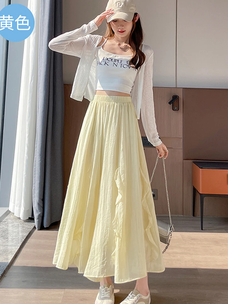 Gentle fungus edge cotton linen half skirt for women in summer hanging umbrella skirt high waist A-line big swing long skirt