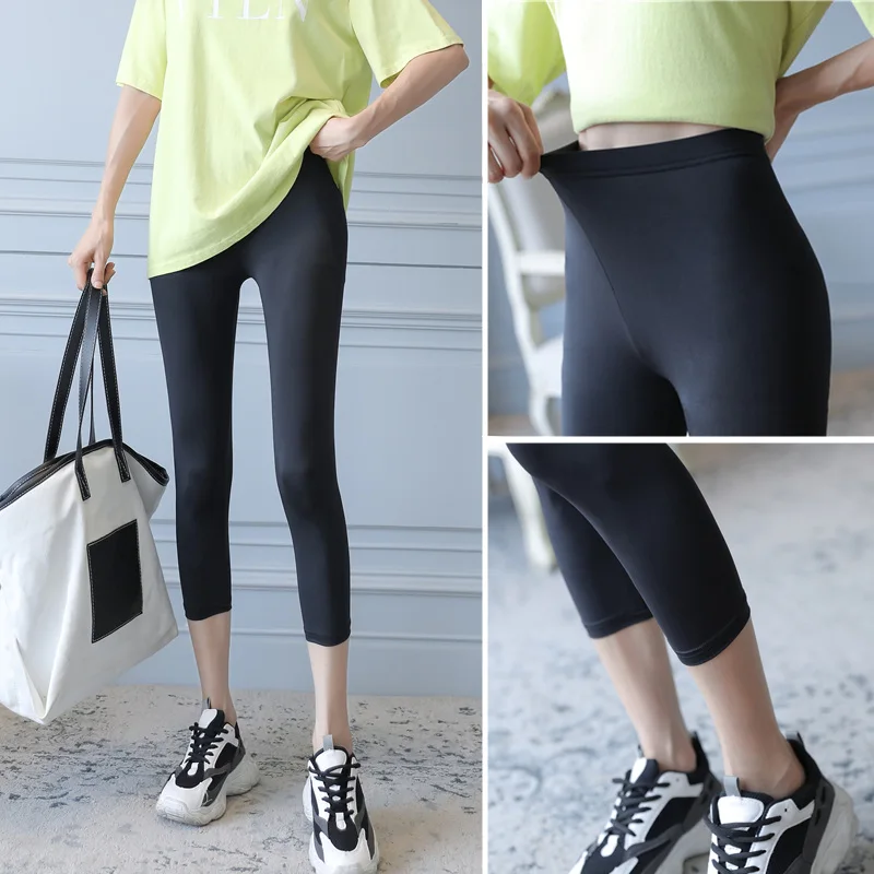 Black Ice Silk Women's Base Layer Shorts Thin Tight Summer Pants Three-Quarter Length Anti-Light Modal Base Layer Trousers
