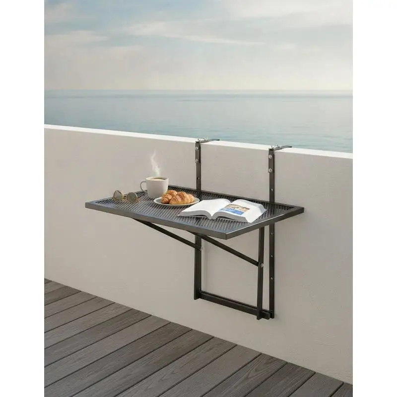 Table de balcon, 61x41 cm, table suspendue pliable en métal pour balcon, table pliante pour balustrades extérieures, réglable sur 5 niveaux, s'adapte aux balustrades de 1 à 4,7 pouces, table de service pour terrasse et patio