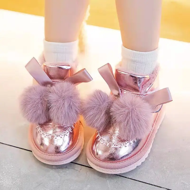 Girls Winter Warm Snow Boots 2026 Fashion Non Slip Faux Fur Lined Butterfly Bow Baby Girls Cotton Shoes