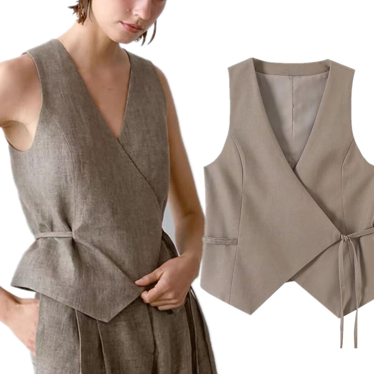 

Dave&Di British Minimalist Khaki Color Vest Women Tank Top Fashion Office Ladies Elegant V-neck Sleeveless Suit For Women