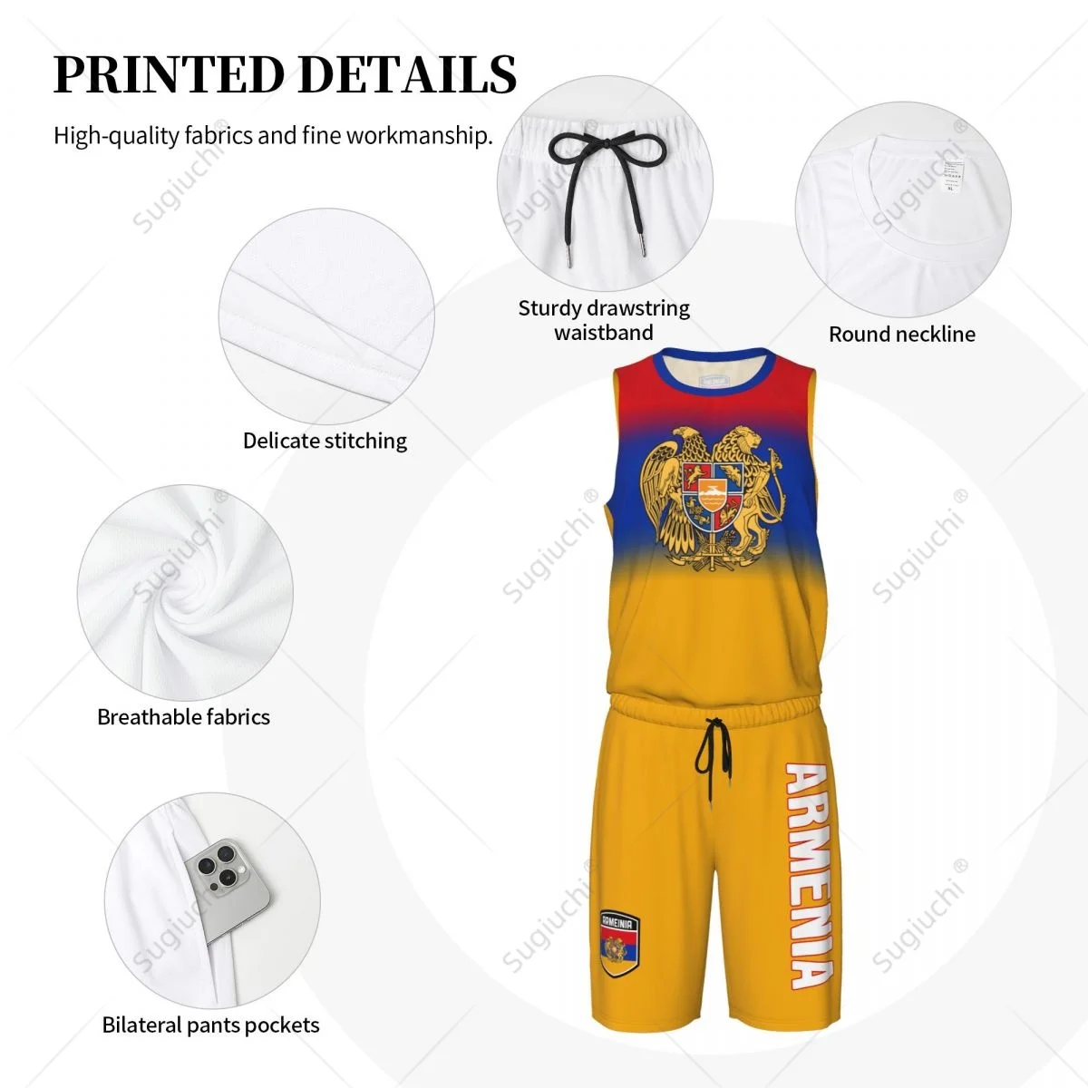 Heren Armenië Vlag Basketbal Jersey Set Mesh Shirt & Broek Mouwloos Exclusief Team-up Aangepaste Naam Nunber Unisex