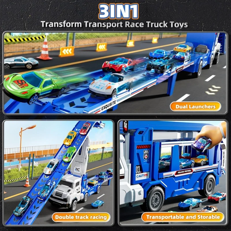 รถของเล่นแบบรางคู่พร้อมรถแข่งโลหะผสม 6 คัน ชุดรถบรรทุกขนส่งพร้อมฟังก์ชันปล่อยและเลื่อน เหมาะสำหรับเป็นของขวัญคริสต์มาสสำหรับเด็ก