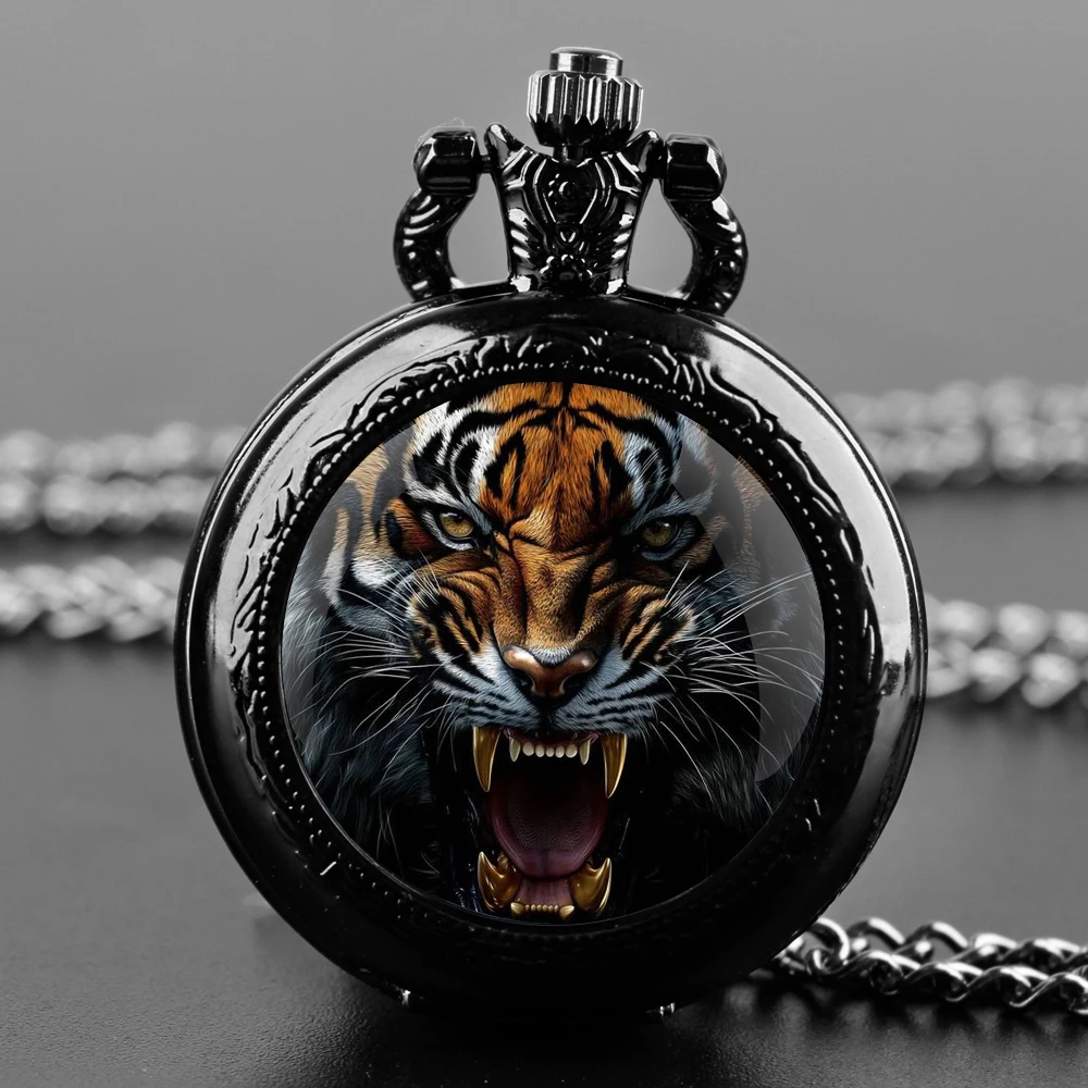 

Tiger Design Glass Dome Fashion Arabic Numerals Quartz Pocket Watch Necklace Pendant Chain Mens Women Gifts