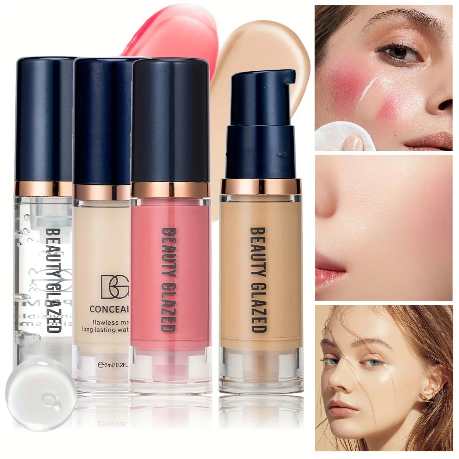 BEAUTY GLAZED 4Pcs/Set,Liquid Foundation With Primer,Concealer,Liquid Blush,Long-Lasting Matte Velvet Waterproof