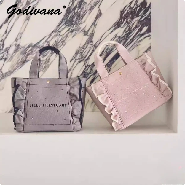 Japanese Ruffled Letter Embroidered Girls Handbag Rhinestone Beaded Portable Female Canvas Tote Bags Casual Square Shoulder Bags