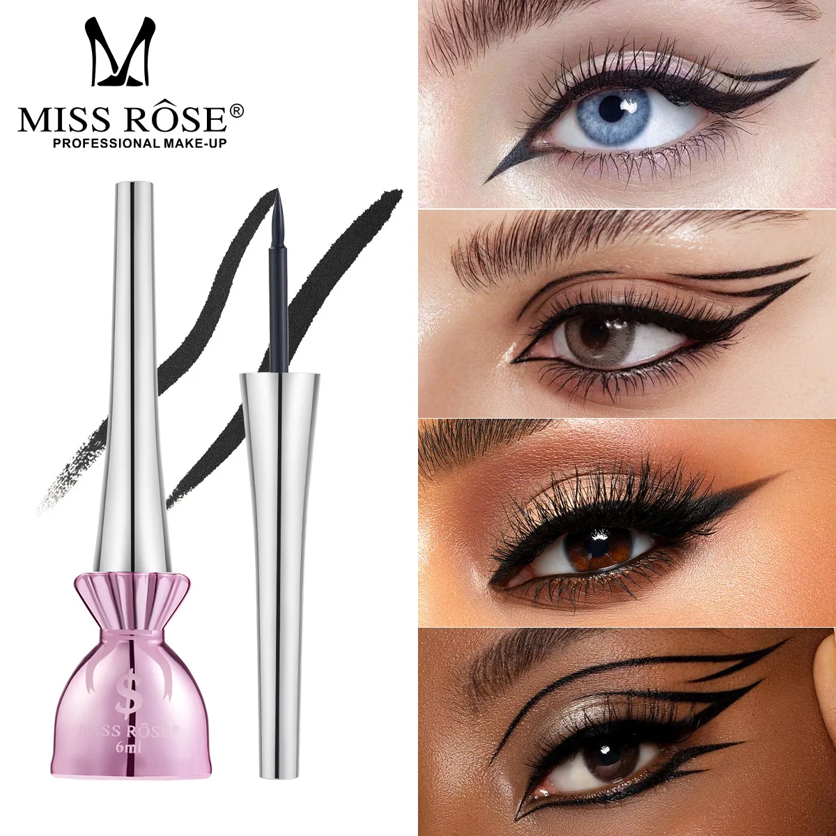 MISS ROSE Black Liquid Eyeliner Ultra Fine Waterproof Smudge-Proof Long Lasting Rich Color Makeup Cosmetics Eyeliner Pen
