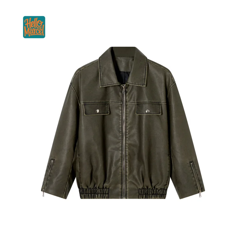 HELLOMARCEL US EU Size Luxury Quality Women'S Faux Leather Motorcycle Vintage Distressed Washed Faded Leather Coat Jacket