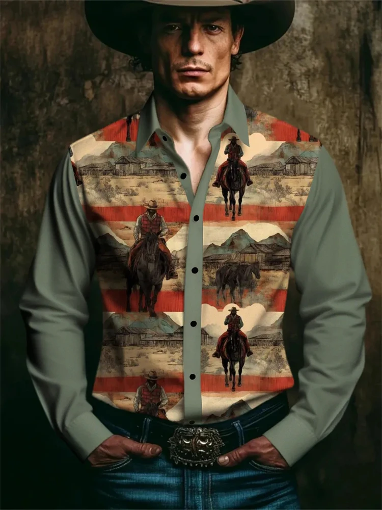 New Men's Stylish Long-Sleeve Shirt for Autumn Vintage Western-Style Print Button-Down Collar Casual Outdoor Streetwear Top