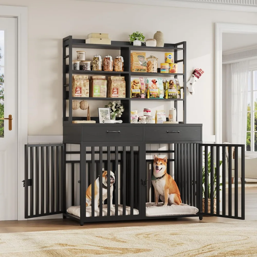 

Dream 71''H X 47.2''W Large Dog Crate Furniture With 4-Tier Shelves And 2 Storage Drawers, Heavy Duty Dog Cage Furniture