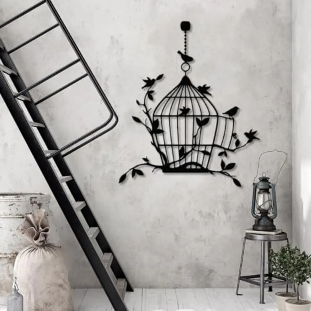 Weather Resistant Wall Decor Rust Proof Coating Birdcage Pattern Metal Sign Vine Leaf Accents Metal Wall Hanging Ornament Office