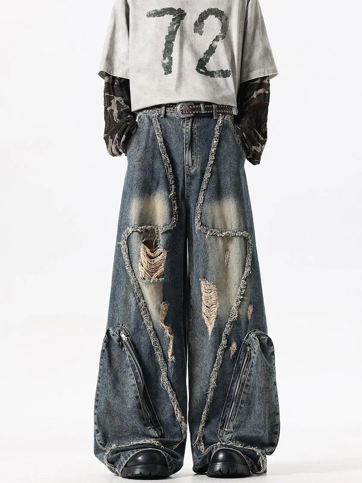 

Джинсы унисекс из плотного денима с рваным краем, эффектом потертости, большими карманами, низкой посадкой и широкими штанинами, в стиле рабочей одежды