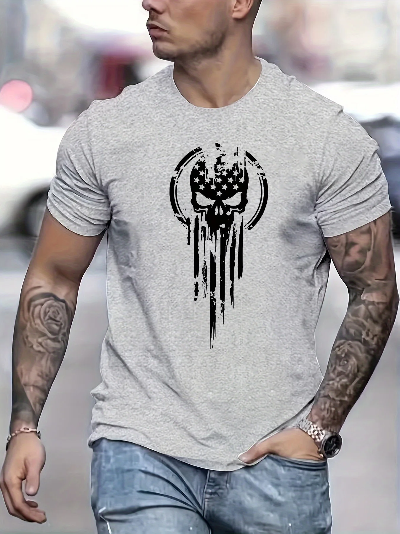 Men\'s Summer Loose Size 100% Cotton Skull Print Casual Slim Fit Round Neck Short Sleeve T-shirt Top O-neck Pactwork Casual T