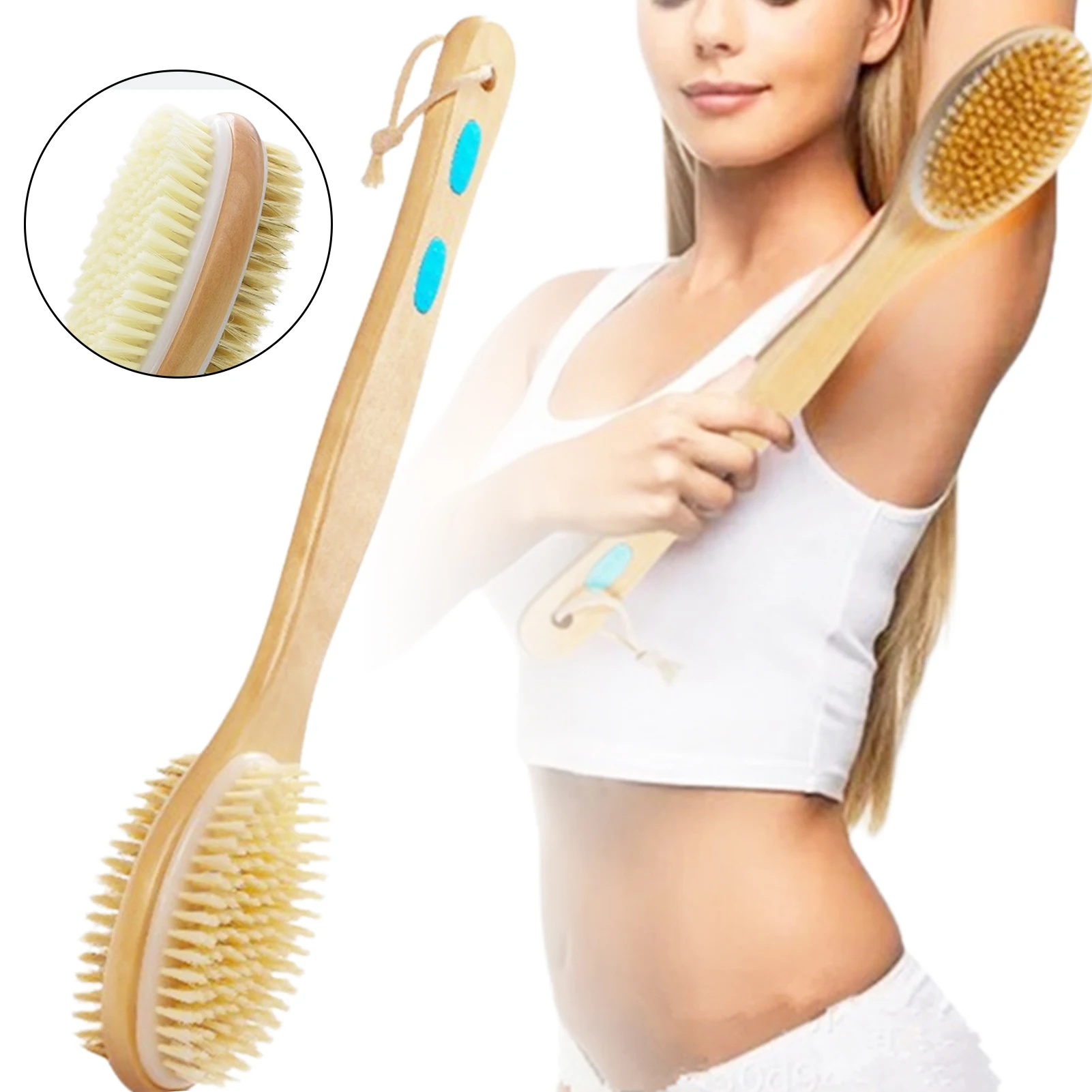 Portable Bath Brush Soft Hard Bristles Double Sided with Wooden Handle Body Exfoliating Scrubber Long Handle Skin Massager