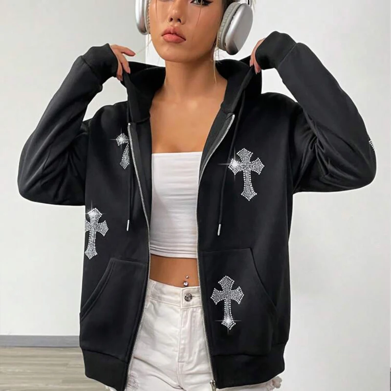 New Zip Up Hoodie Rhinestone Goth Long Sleeve Hoodies Hip Hop Punk Joggers Sweatshirt Y2k Jacket Men And Woman Sport Coat