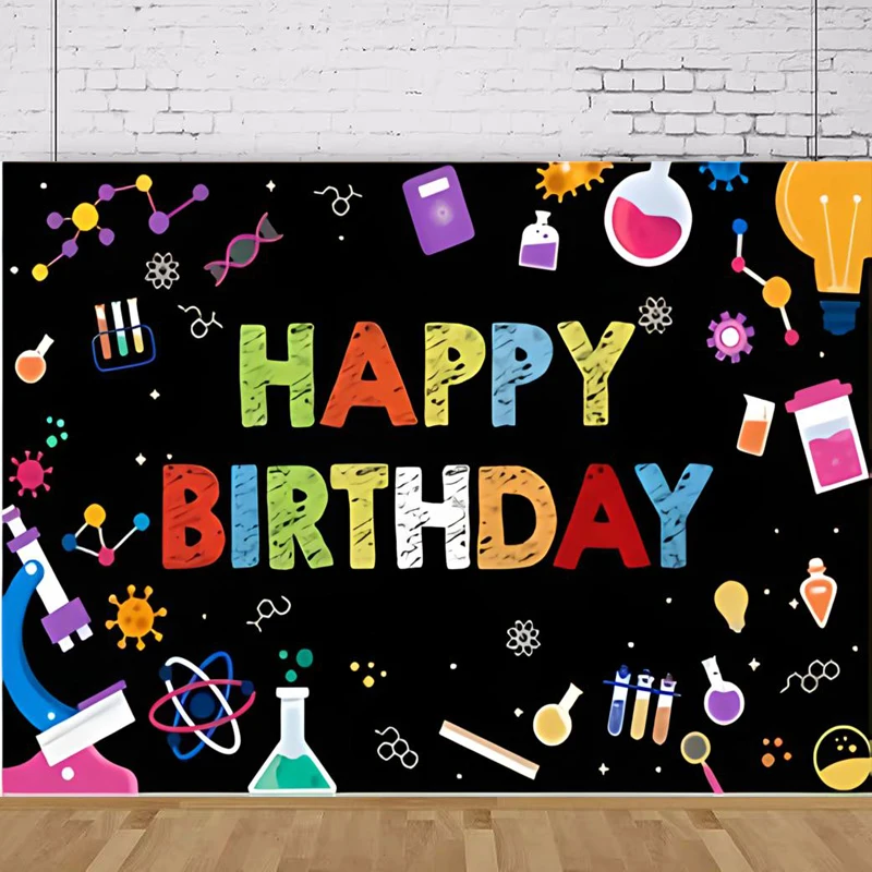 Photography Backdrop Mad Science Scientist Physical Chemical Experiments Poster For Kids Happy Birthday Party Decor Background