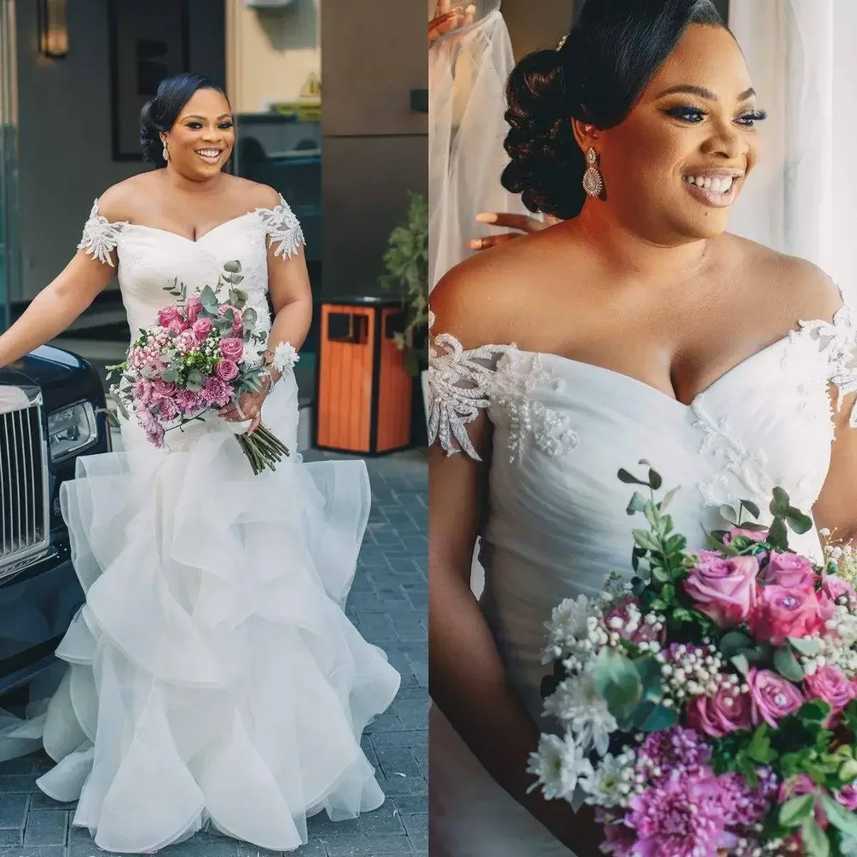 

Customized African Plus Size Wedding Dresses Elegant Off The Shoulder Beaded Lace Applique Ruffles Custom Made Bridal Gown
