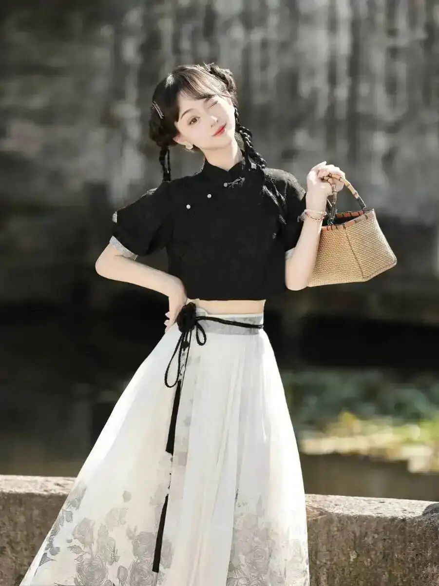 Chinese Style New Ink Wash Painting Elegant Hanfu Top and Skirt Set Spring Autumn Plain Paper Improved Han Elements