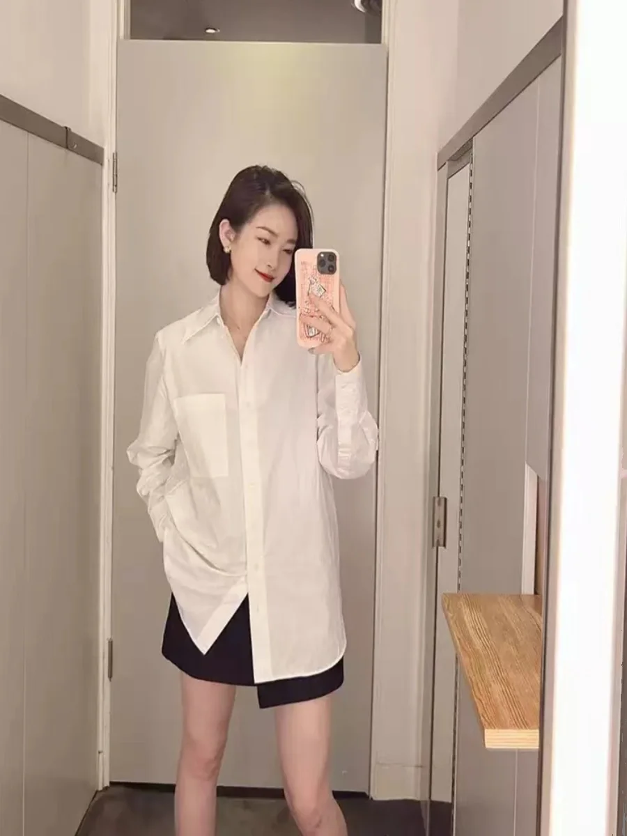 

Faionable White Loose Long Sve irt Point Collar Inner Wear Top Women's Clothing Commute Sle Polyester Fabric Button ...