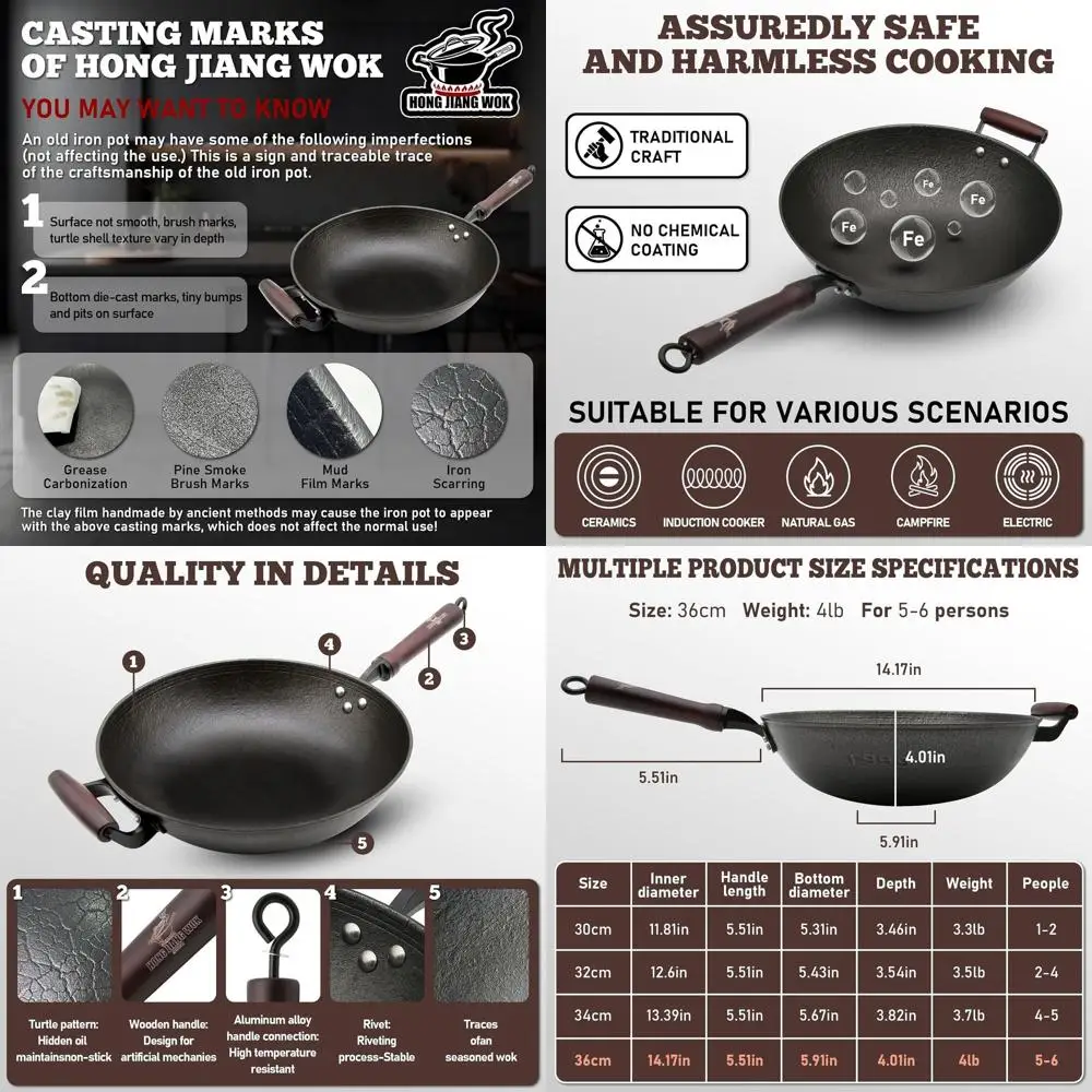 

14.2 Pre-Seasoned Cast Iron Wok Pan with Glass Lid, Flat Bottom, Suitable for Induction, Electric, Gas, and Open Fire Cooking