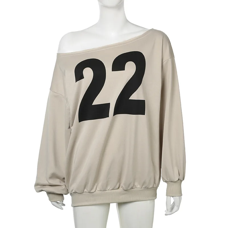 Autumn Digital Printed Loose Spicy Girls Sexy Slanted Collar Off Shoulder Casual Long Sleeve Sweatshirt