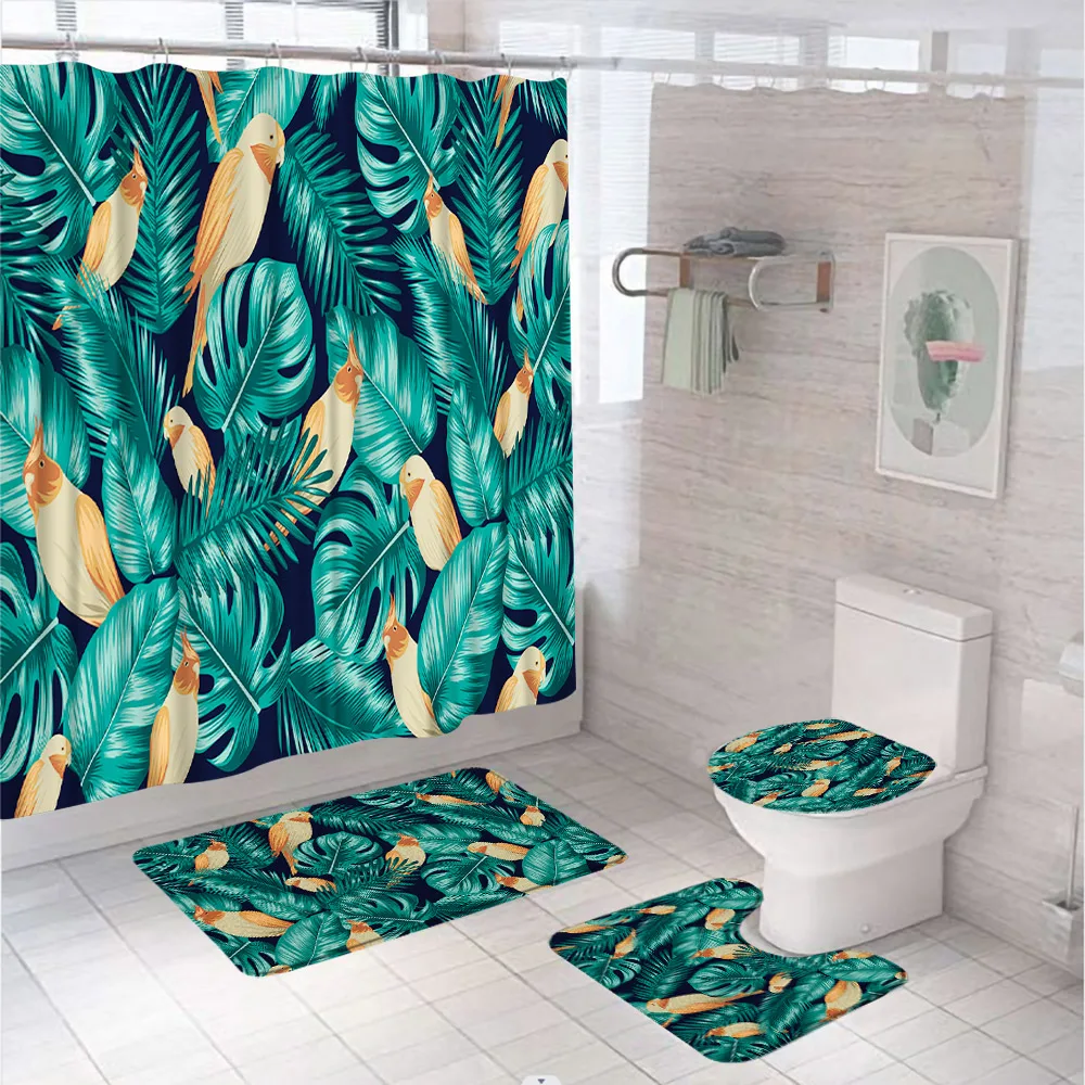 4Pcs Tropical Leaves Birds Shower Curtain Set with Rug Green Palm Monstera Leaves Bathroom Decor Home Bath Mat Toilet Lid Cover