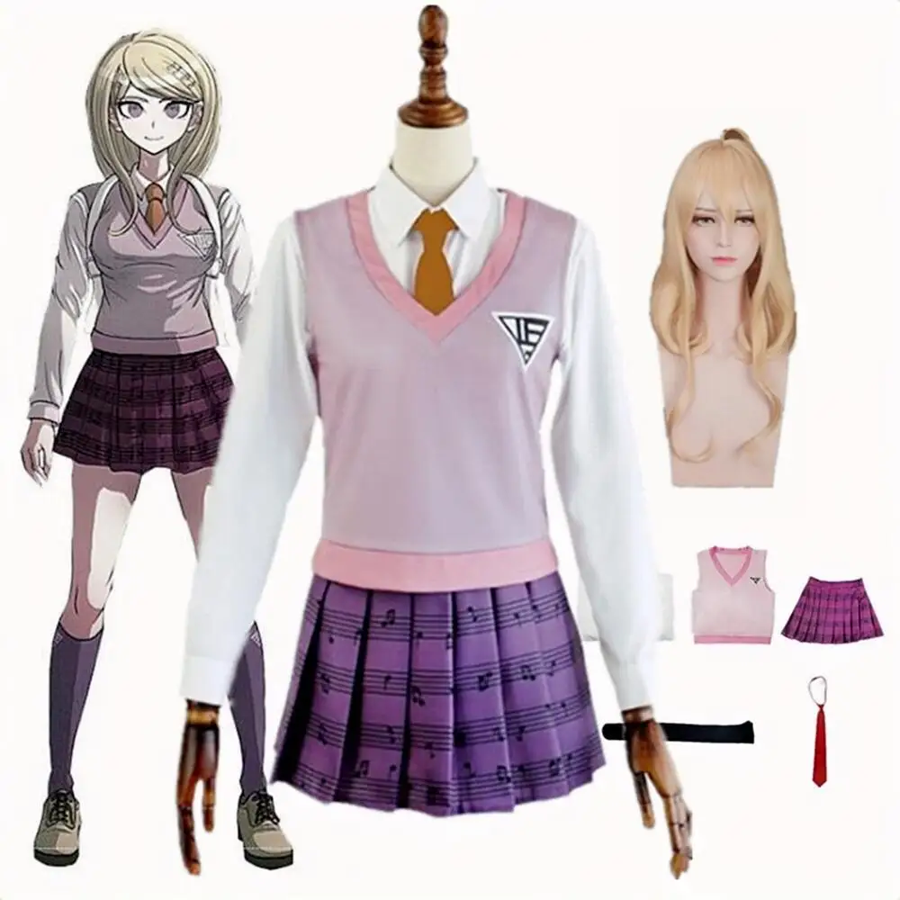 

Anime Danganronpa Kaede Akamatsu Dress Uniforms Set Cosplay Costumes Wig Pink Vest Uniform School Girl