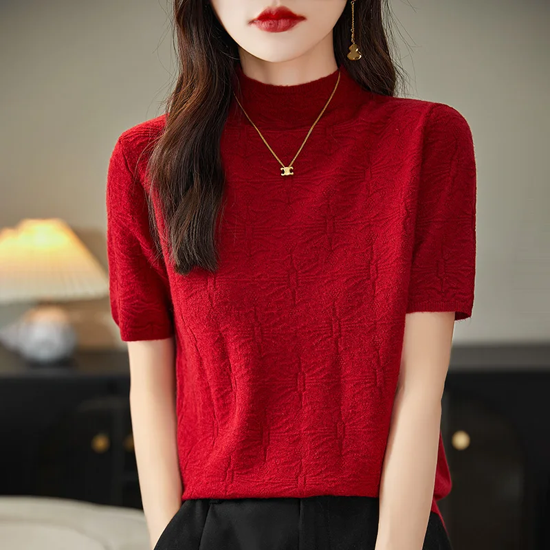 2024 Summer Women\'s Sweater Short Sleeve Pullover T-shirt Pure Wool Knitwear Half High Neck Loose Versatile Slim Fit Fashion Top