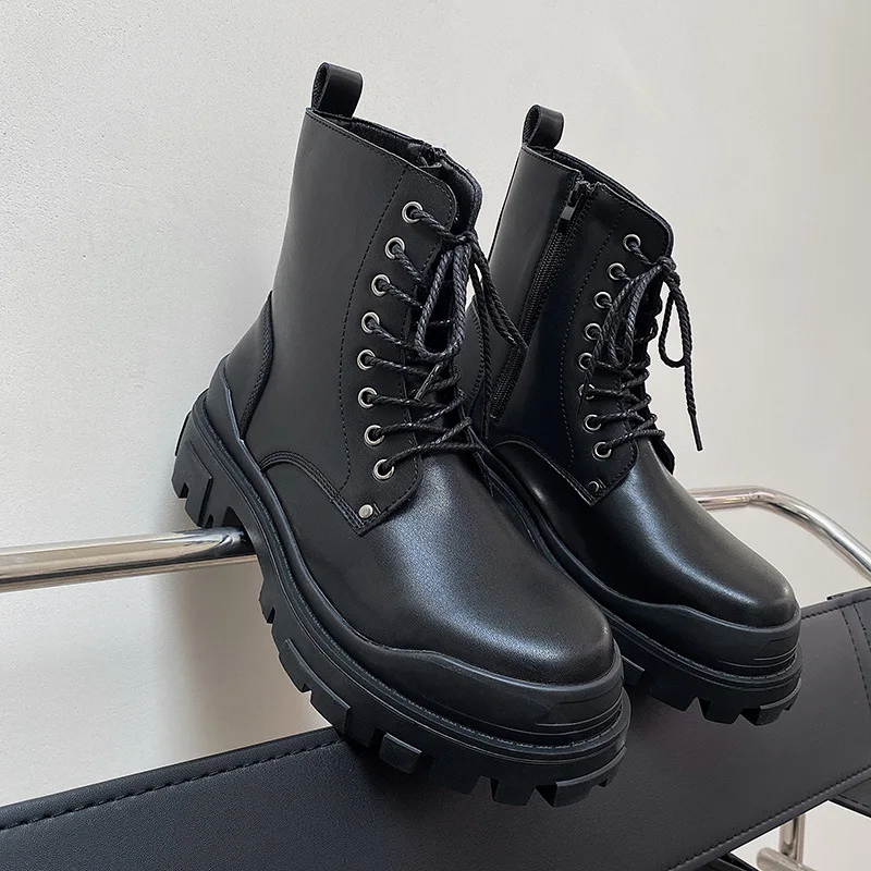 England style men's casual platform boots lace-up original leather shoes cowboy chunky boot handsome high motorcycle botas mans