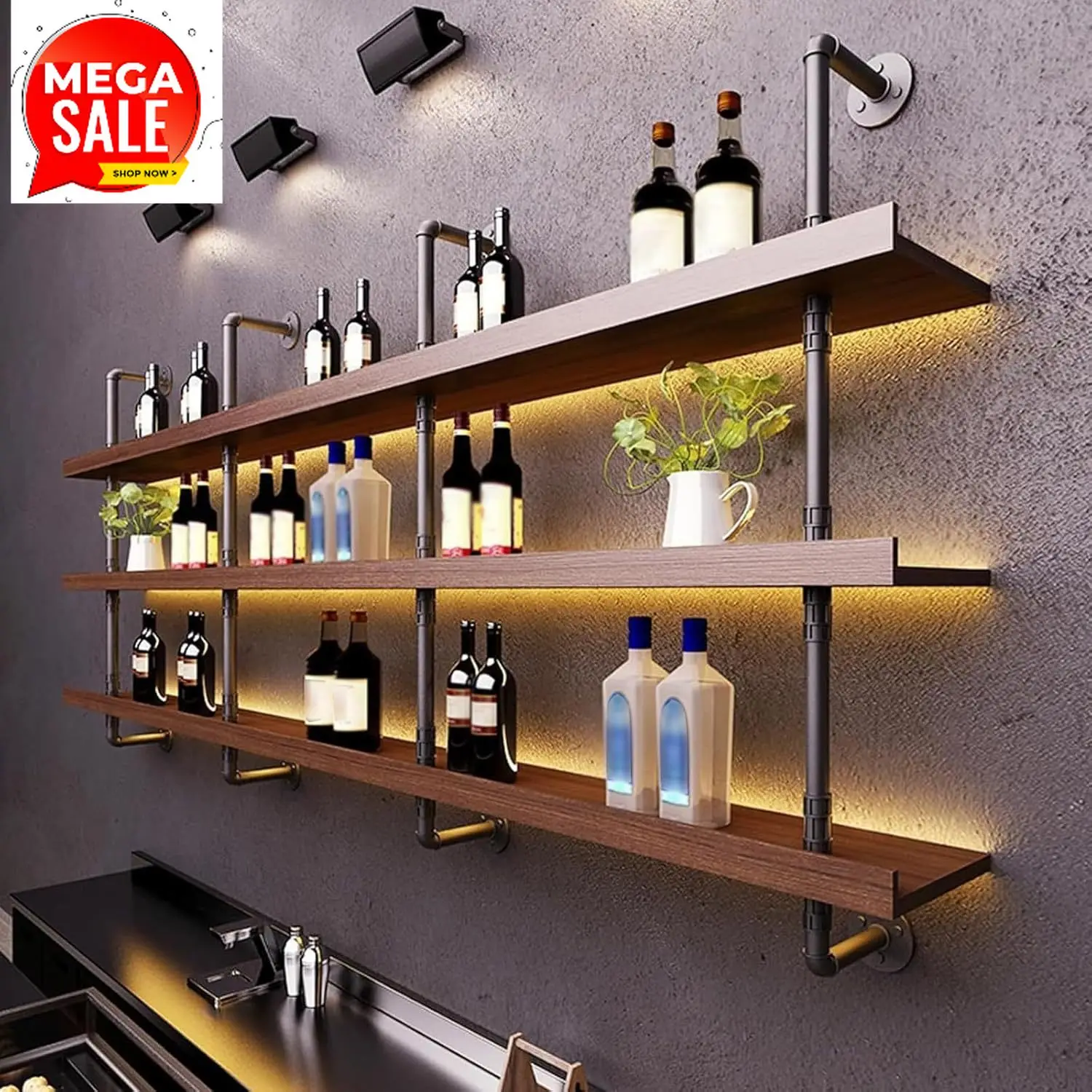 

Large Wine Rack with LED Light Solid Wood Wall Mounted Wine Rack, 3-Tiers Liquor Bottles Floating Shelves Display Storage Organi
