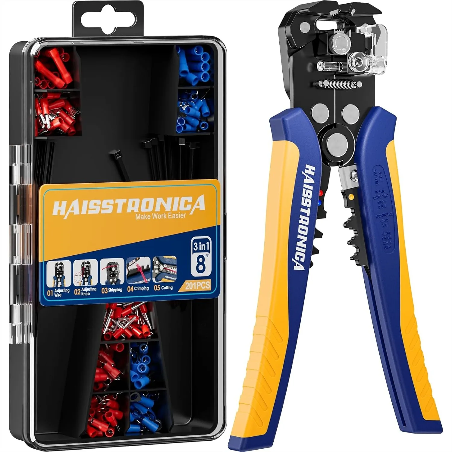 

Wire Stripper Kit 201PCS - Automatic Self-Adjusting Tool for AWG 24-10 Cables with Insulated Terminals, Ideal for Electrical
