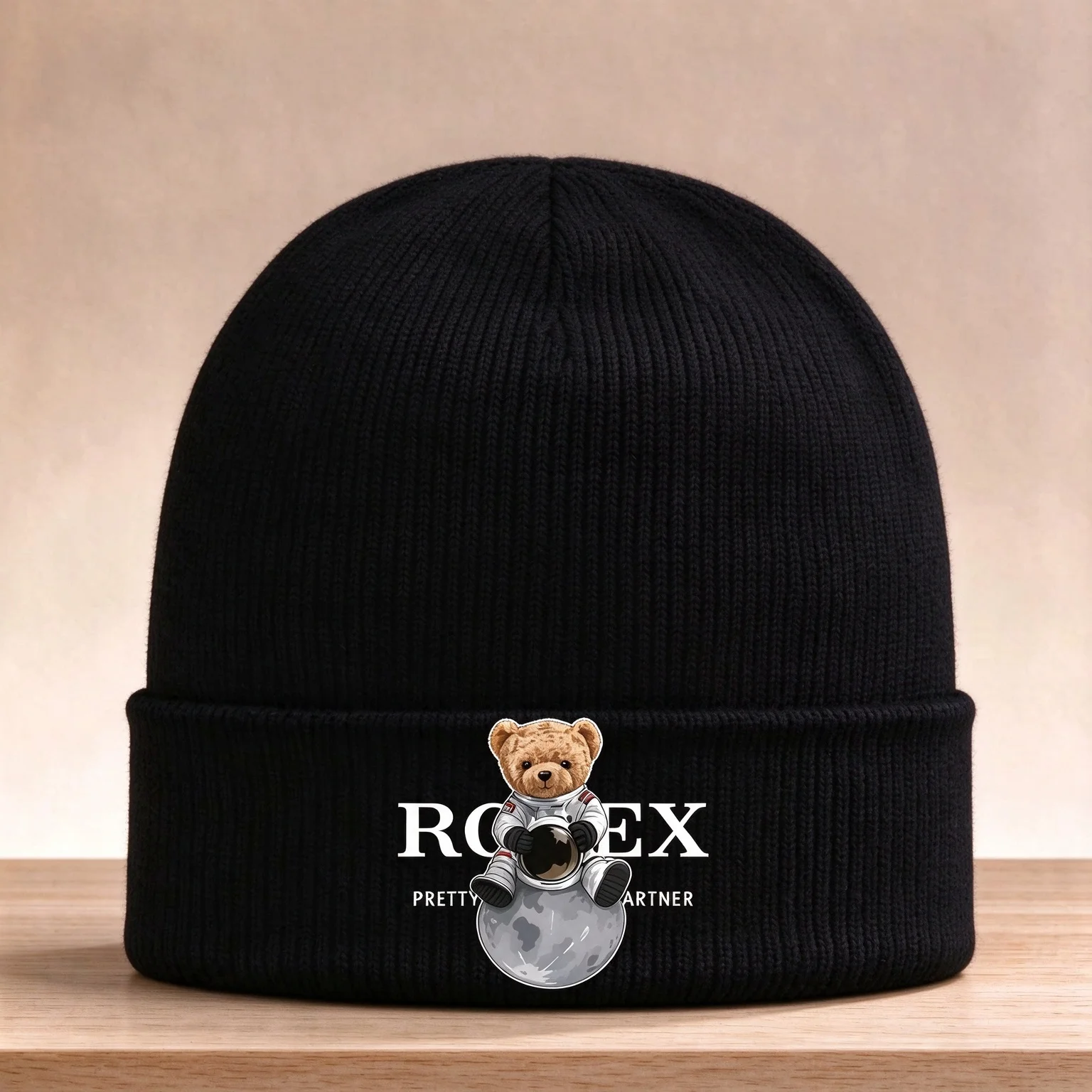 2026 Cuffed Beanie Hat Cartoon Astronaut Bear Sit On Moon Graphic Print Soft Casual Outdoor Headwear for Men Women Street Style