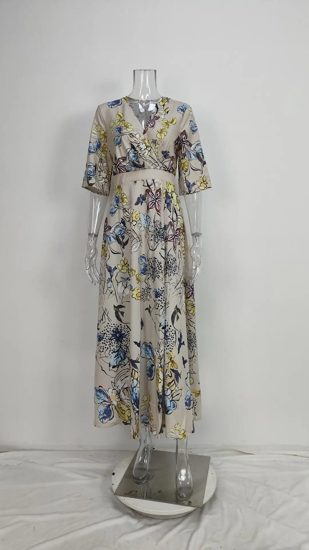 Frühling Sommer Frauen Mode V-ausschnitt Belted Party Langes Kleid Kurzarm Tasche Femlae Urlaub Übergroßen Lose Druck Maxi Kleider – Detail 18